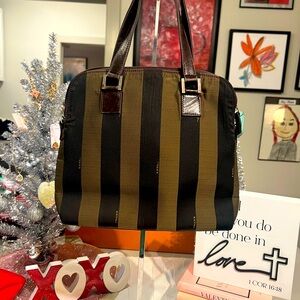 SOLD. Authentic Fendi leather top handle pequin stripped canvas vintage bag.
